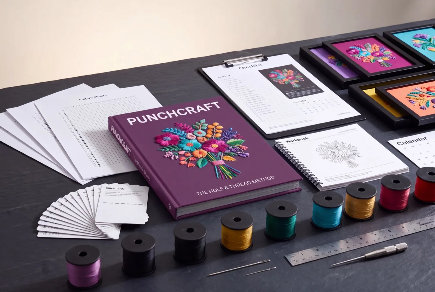 PUNCHCRAFT™ — everything inside: pattern sheets, stitch cards, workbook and finished pieces