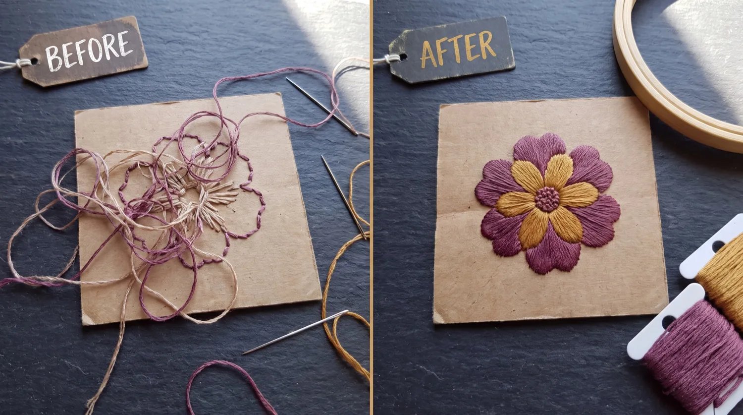 Before and after: from a frustrating failed attempt to a beautiful finished paper-embroidery piece